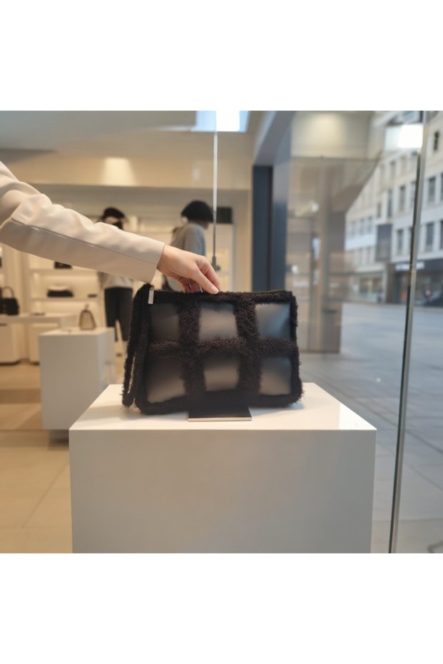 Leather Detailed Teddy Clutch Bag | 27X19 cm | Rabbit Hair Rope | Handmade Winter Handbag