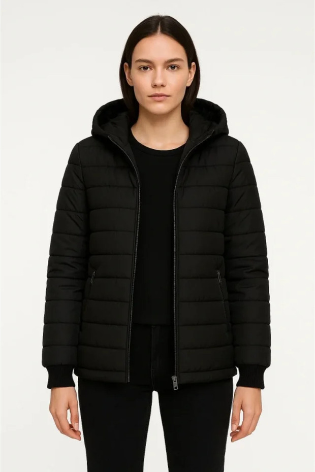 Inflatable Hooded Zippered Jacket Water Repellent Quilted Lining Fabric Pocket Winter Comfortable Fit - Black