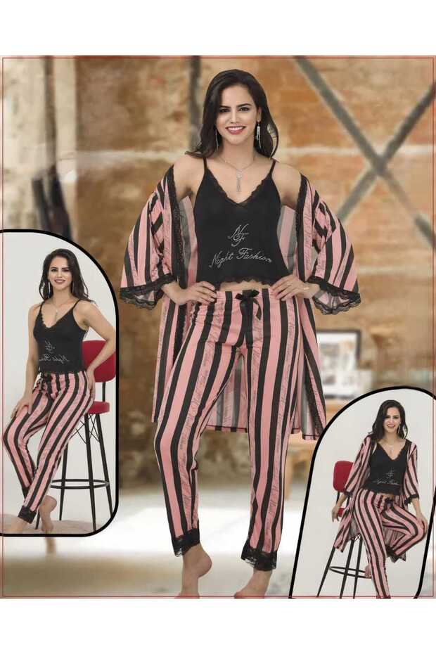 Women's Lace Detailed 3-Piece Pajama Set - 100% Cotton Robe Set