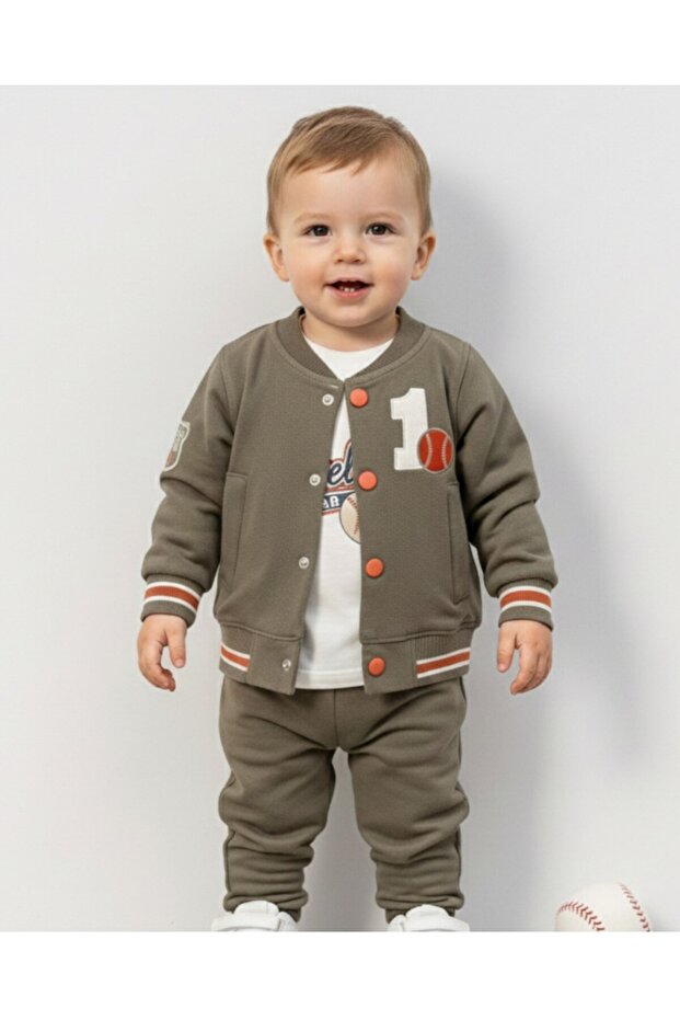Baby Boy Transitional College Jacket, 3-Piece Stylish Baby Set with Top and Bottom L 6-9-12-18-24 Months