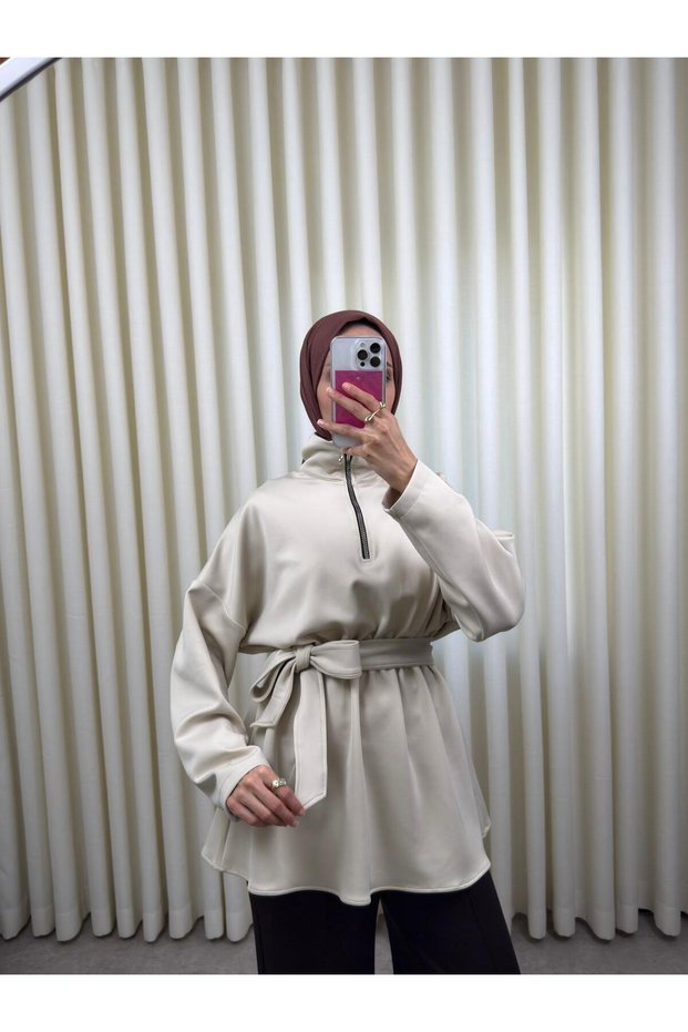 Women's Gathered Waist Zipper Detailed Belted Mock Neck Scuba Tunic