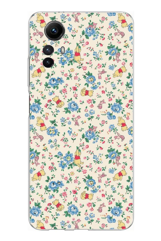 حافظة سيليكون متوافقة مع هاتف Redmi Note 12S على شكل الدب ويني بوه والزهور مطبوع