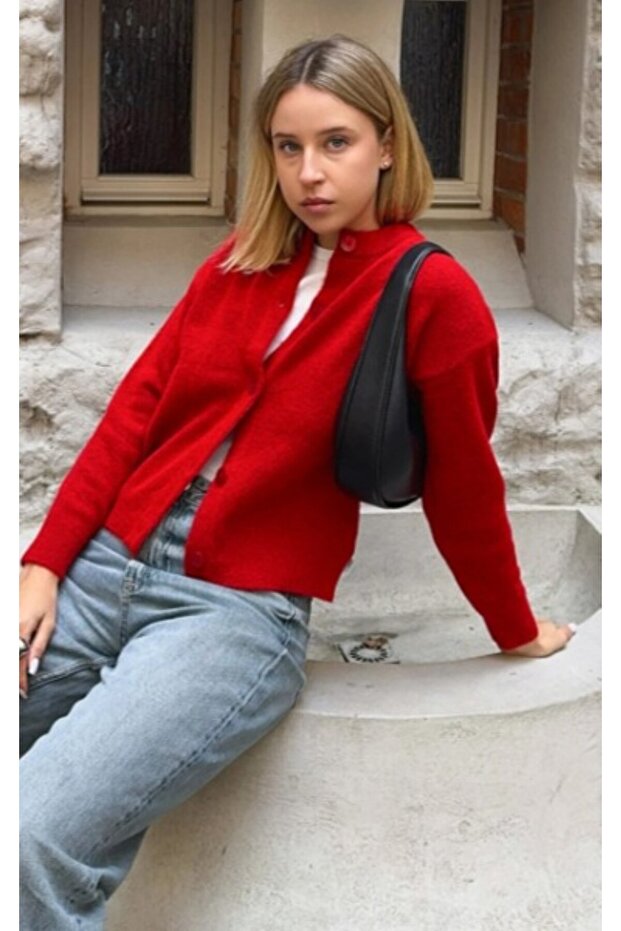 Kadın Basic Düğmeli Triko Hırka - 4