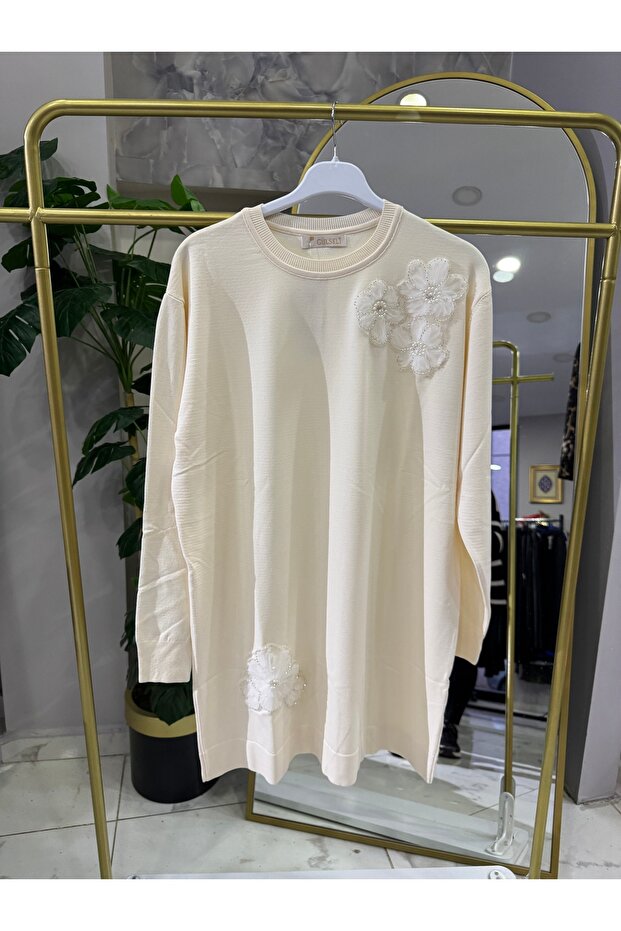 Çiçekli taşlı merserize tunik - 3