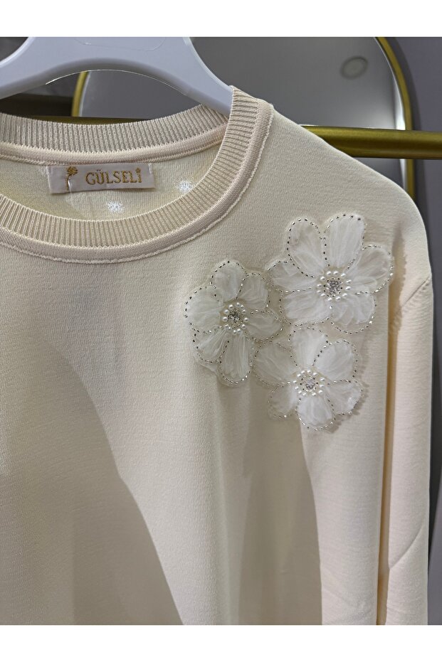 Çiçekli taşlı merserize tunik - 5