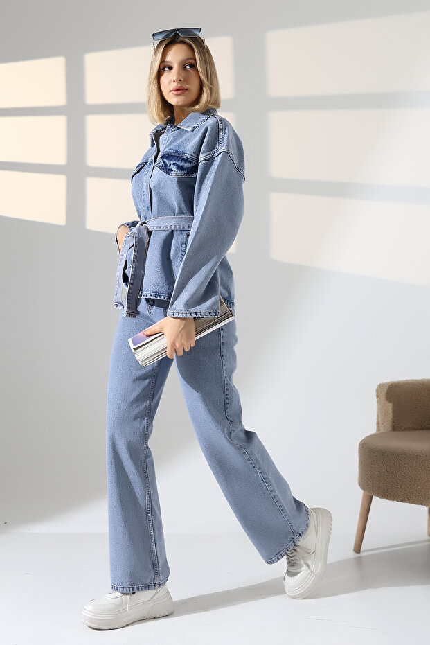 Ensade Belted Women's Denim Jeans Set – Oversized Jacket & High Waist Trousers Light Blue