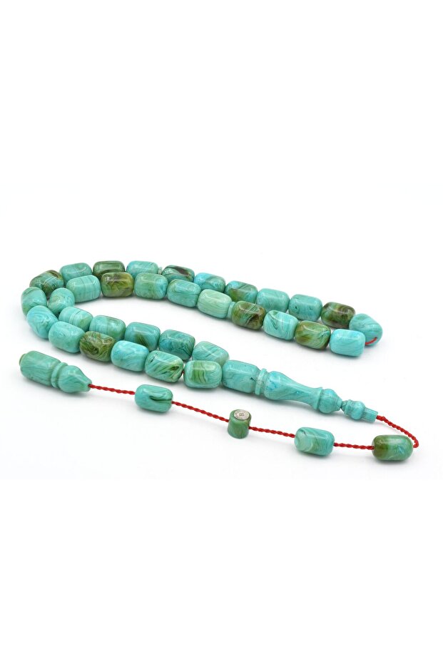 Halil Usta Signature Barrel Model Large Size Turquoise Green Crimped Amber Prayer Beads