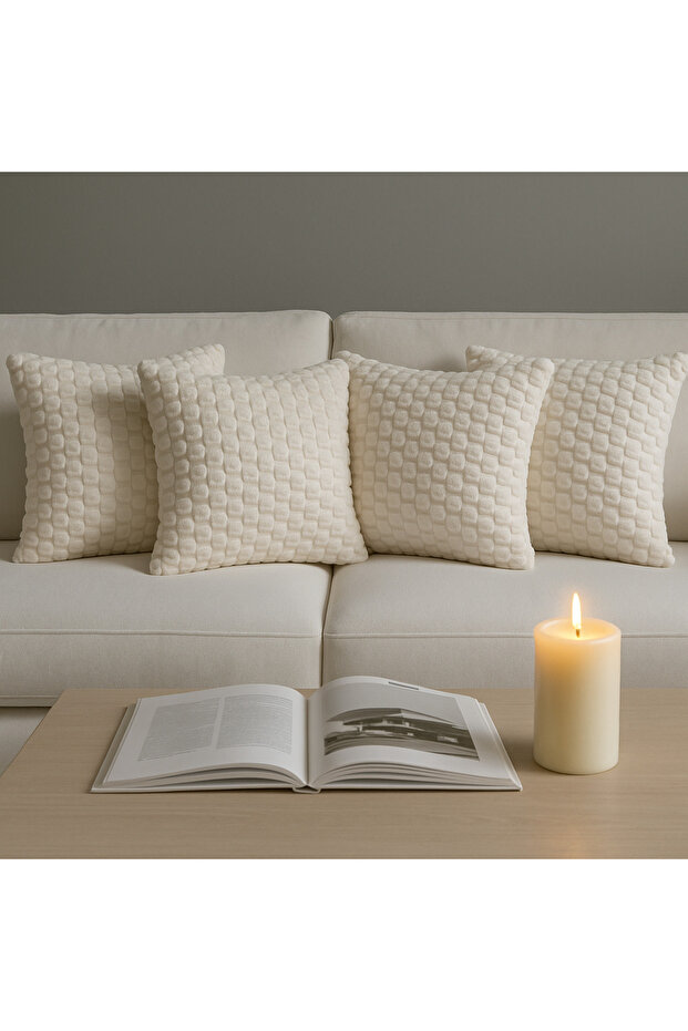 4-Piece Plush Soft Touch Cream Embossed Decorative Throw Pillow