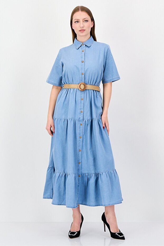 Women Plain Belted Maxi Dress, Light Blue