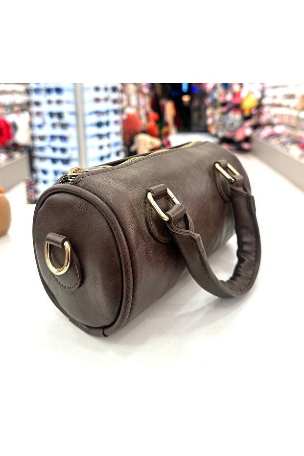 Women's Brown Leather Cylinder Hand and Shoulder Bag