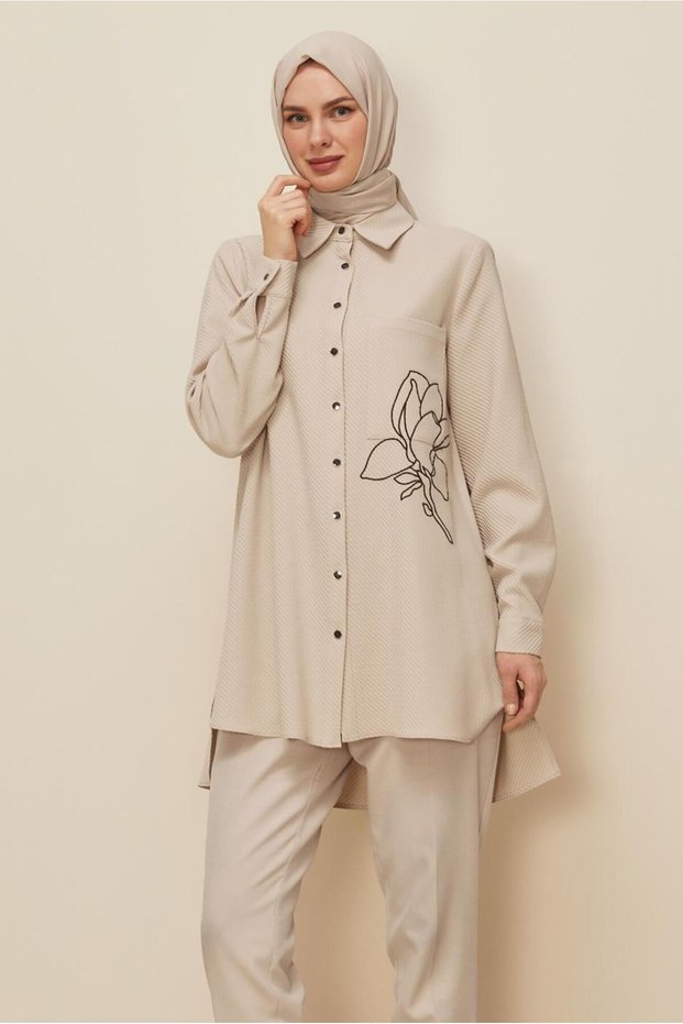 Flower Embroidered Shirt Collar Tunic 46207