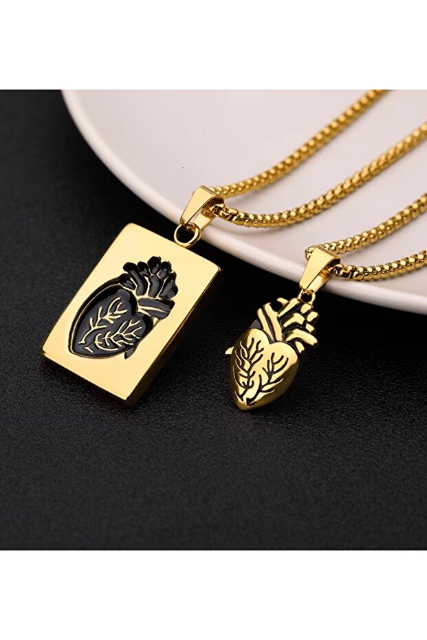 Anatomical Heart Figured Couple Necklace Set – Gold Modern and Meaningful Design