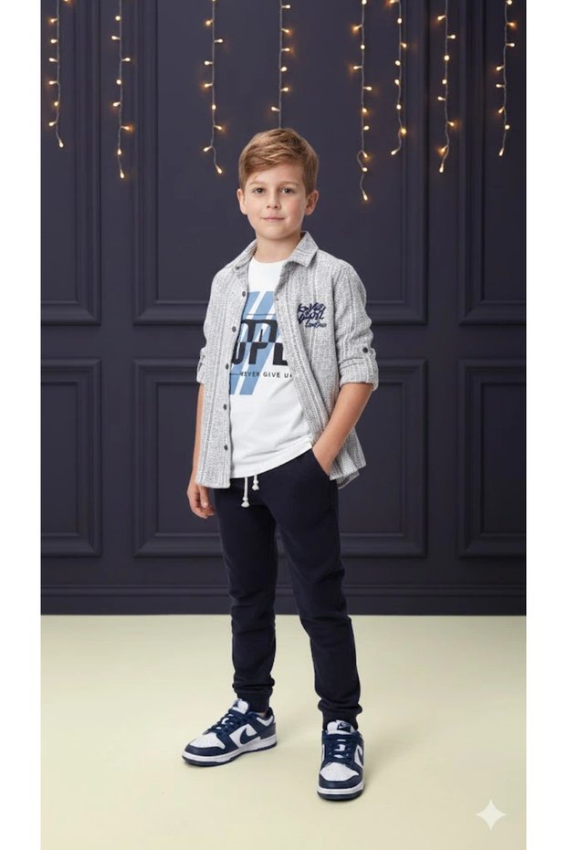 Boys' Hat Included Adjustable Sleeve Shirt, T-Shirt and Trousers 3-Piece Outfit Set