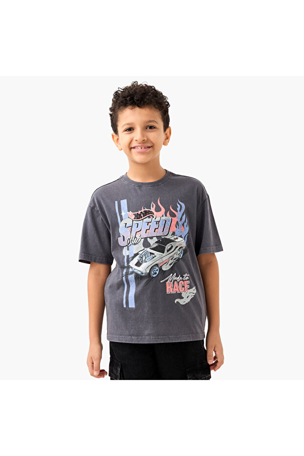 Hot Wheels Printed T-shirt with Crew Neck and Short Sleeves