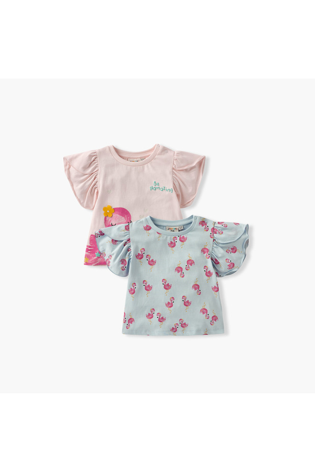 Flamingo Print T-shirt with Puff Sleeves - Set of 2