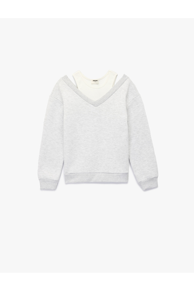 Layered V-Neck Long Sleeve Cotton Embroidered Sweatshirt