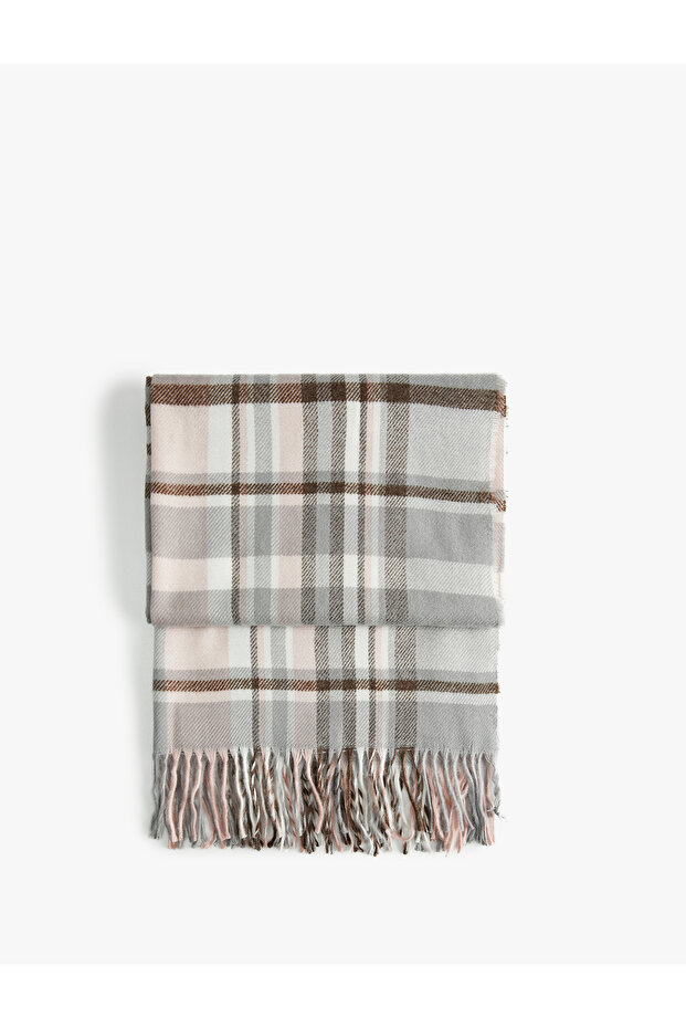 Eșarfă lungă în carouri cu ciucuri - 2