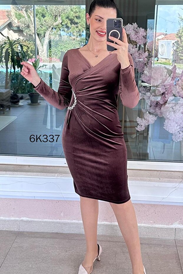 Double-Breasted Stone Velvet Dress 6K337