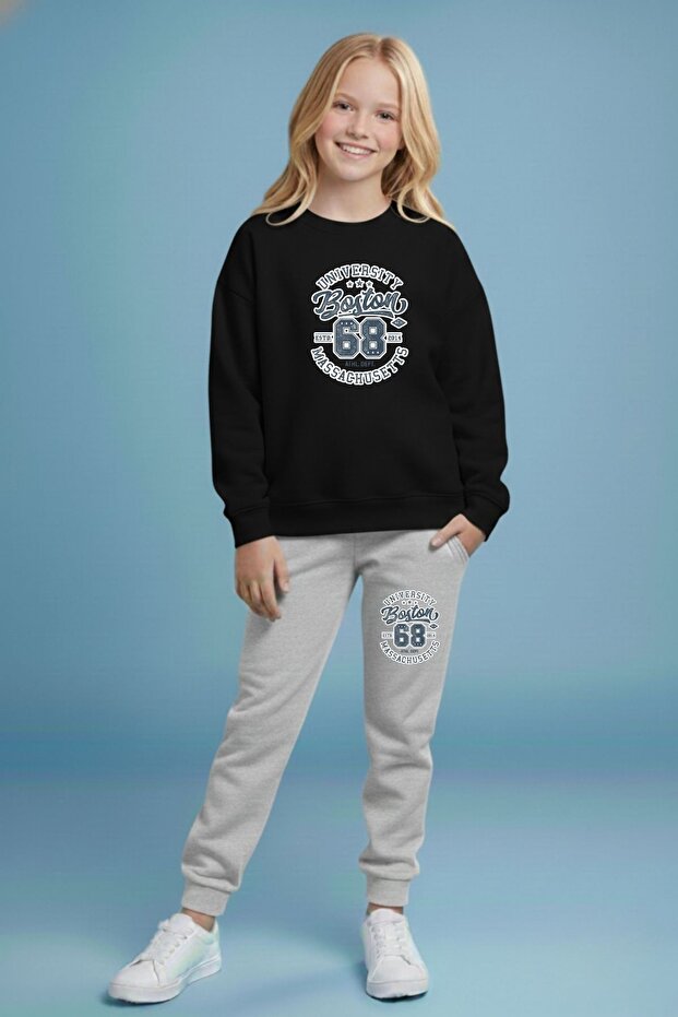 Girls' Boston Printed Crew Neck Tracksuit Set – Black & Grey
