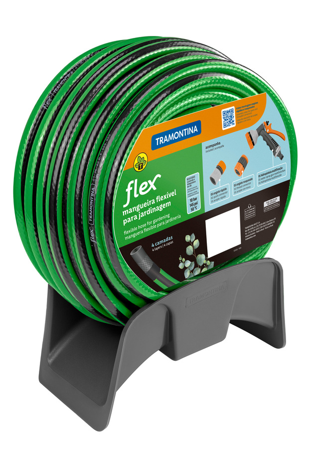 Green Flex Garden Hose, 4-Layer PVC, 15 m, with Quick Coupling, Spray Gun & Wall Support
