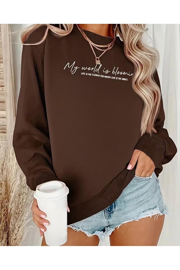 My World Is Blooming Printed Women's Crew Neck Sweatshirt