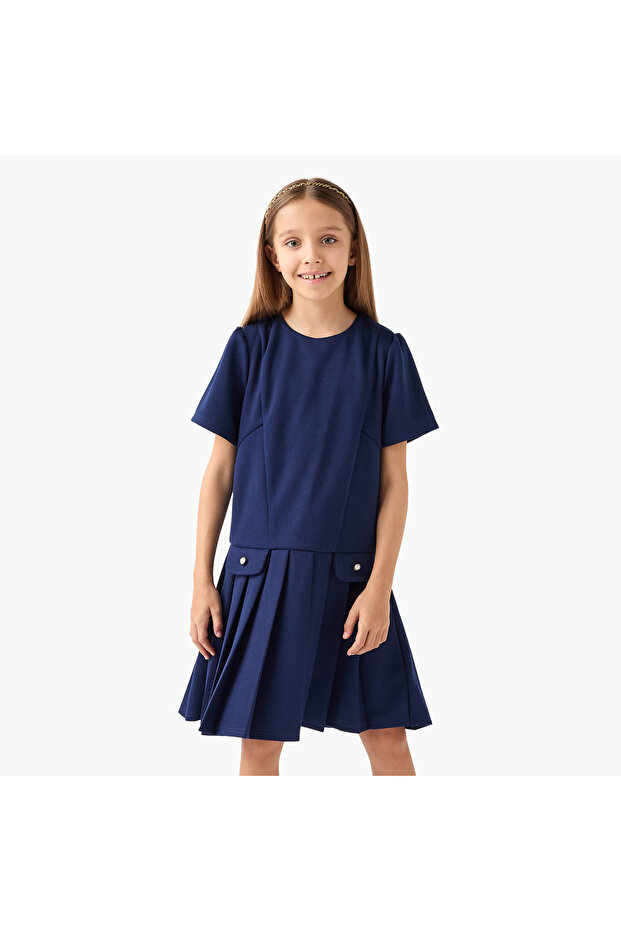 Pleated Drop Waist Dress with Round Neck