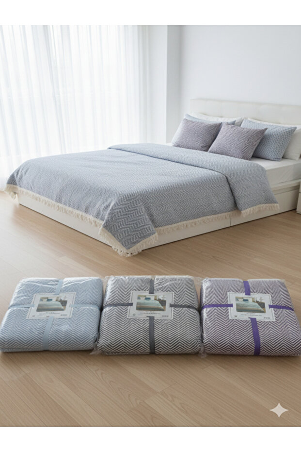 غطاء سرير مزدوج منقوش من القطن مع شراشيب - 4