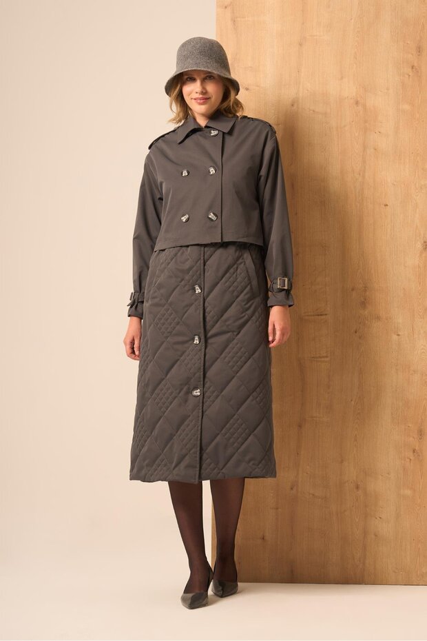 Women's Quilted Garnished Trench Coat Smoked 31253