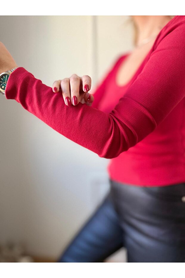 Kırmızı Basic Fitilli Bluz - 6