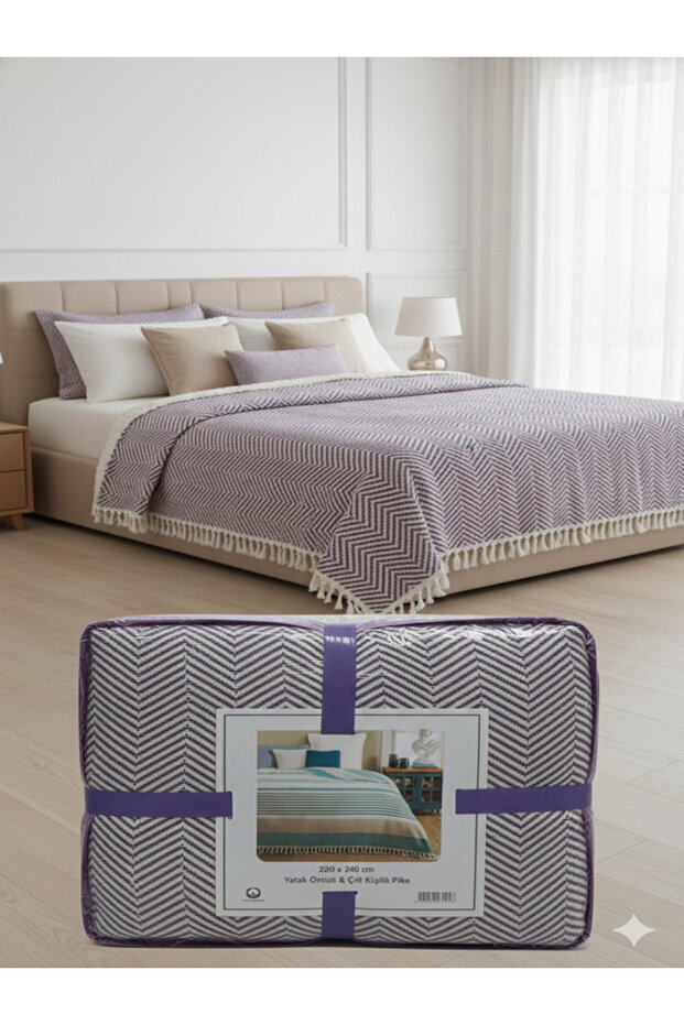 Patterned Double Pike Bedspread with Cotton & Tassels - 1