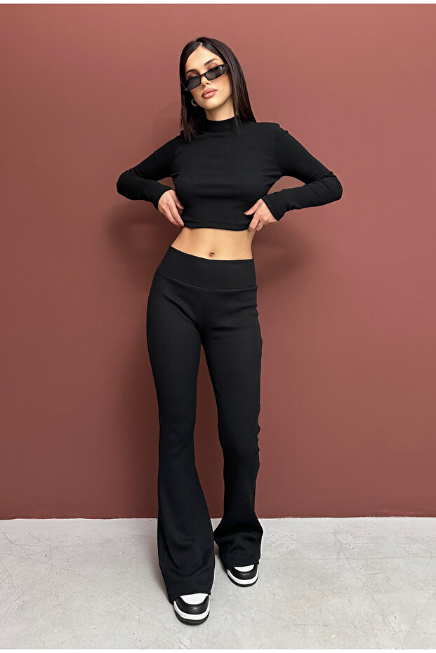 2-Piece Pack - Women's Half Fisherman Ribbed Crop Ispa Flared Olon Bottom Top Set