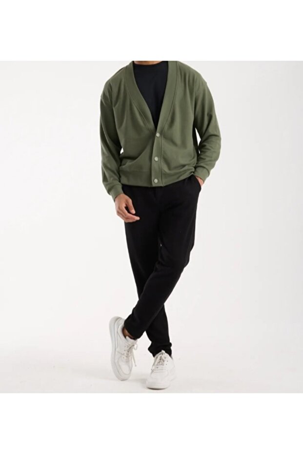 Oversize Yeşil Basic 3 Düğme Hırka - 2