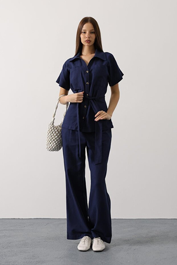 Women's Navy Blue Belted Pocket Detailed Trouser Set Vs00593
