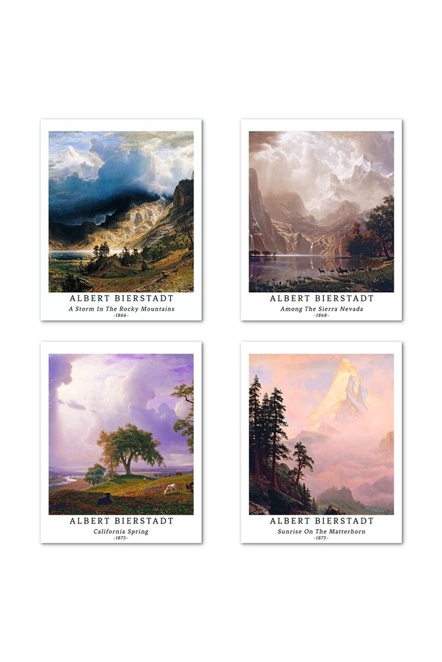 ALAYRA Wall Unframed Prints Giclee Paper Set of 4, Classic Landscape work, Home Decoration Vintage Elegant Botanical Mountain Aesthetic MultNatural Albert Bierstadt Poster28X35 CM