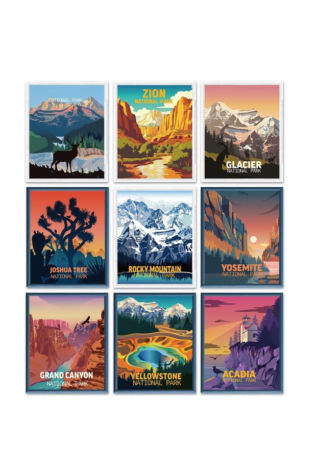 ALAYRA 9 Piece National Park Old Posters, National PPosters Nature Wall Art and Mountain Poster Abstract Travel Frameless for Hikers Living Room20X25 CM