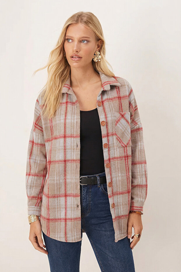 Women's Mink Oversized Plaid Cashmere Pocket Lumberjack Shirt Arm-26K001089