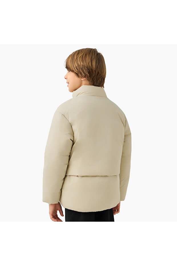 Solid Puffer Jacket with Zip Closure and Long Sleeves - 3