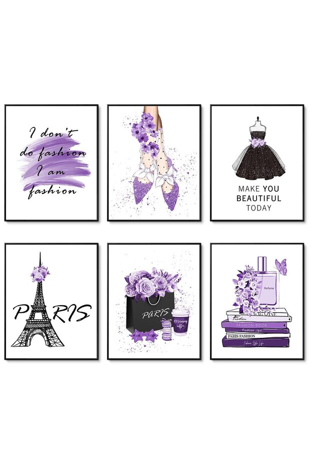 ALAYRA Glam Purple Fashion Wall Art Prints Girl Room Decor Makeup Posters Bedroom Art Makeup Room Artwork Set of 6 High Heels Perfume Flower Art Posters (Fashion Theme A, 6x20X25 CM
