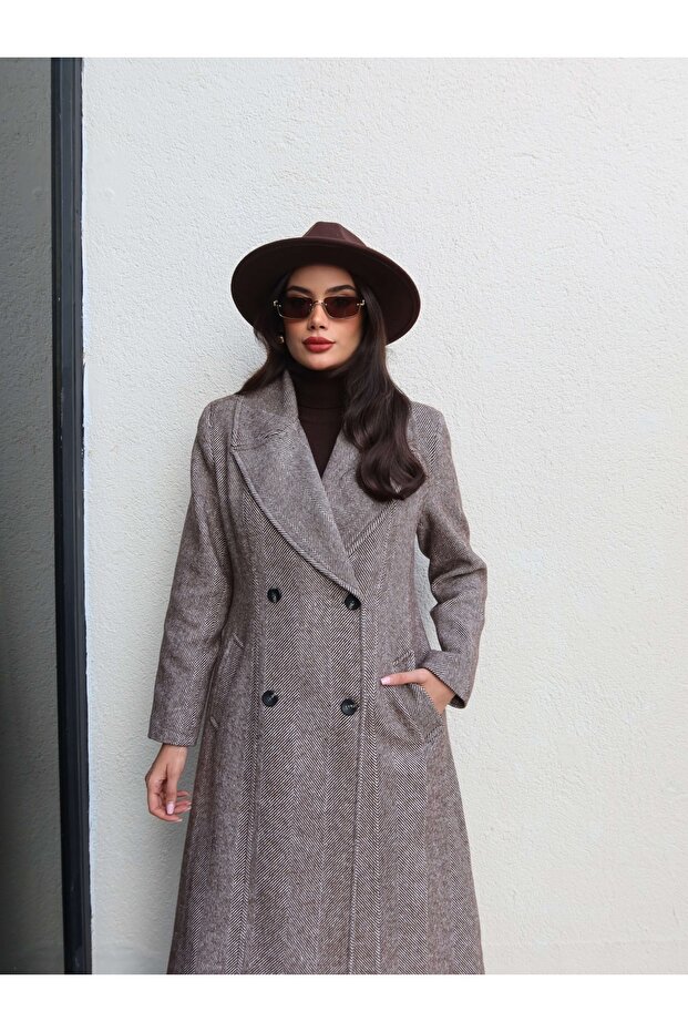 معطف طويل بأزرار بنمط عظم السمك - 6