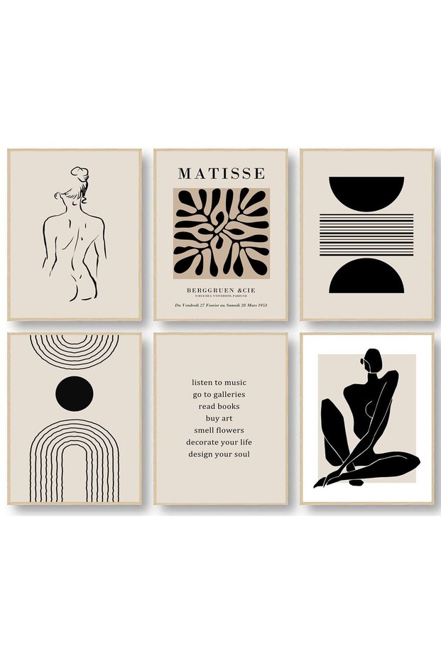 ALAYRA Matisse Wall Art Prints, Abstract Matisse Wall Art Exhibition Posters, Black Beige Women Body Line Art Leaf Boho Art Prints, Living Room Wall Decor(, Unframed20X25 CM