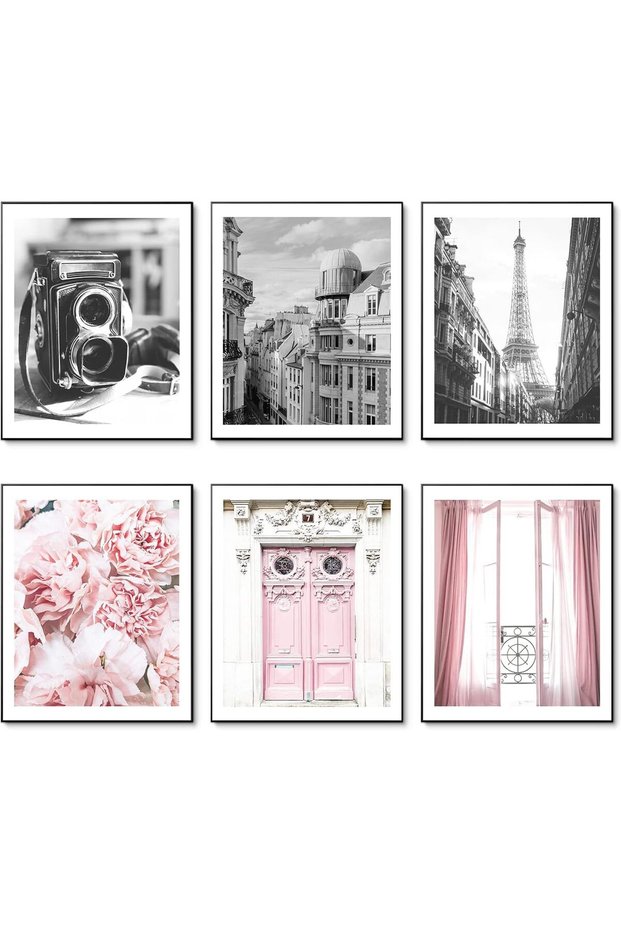 ALAYRA Vintage Fashion Paris Wall Art Prints Black and White Canvas Poster Eiffel Tower Pink Flower Doors Windows Pictures Photos Wall Decor for Office Bedroom Living Room30X40 CM