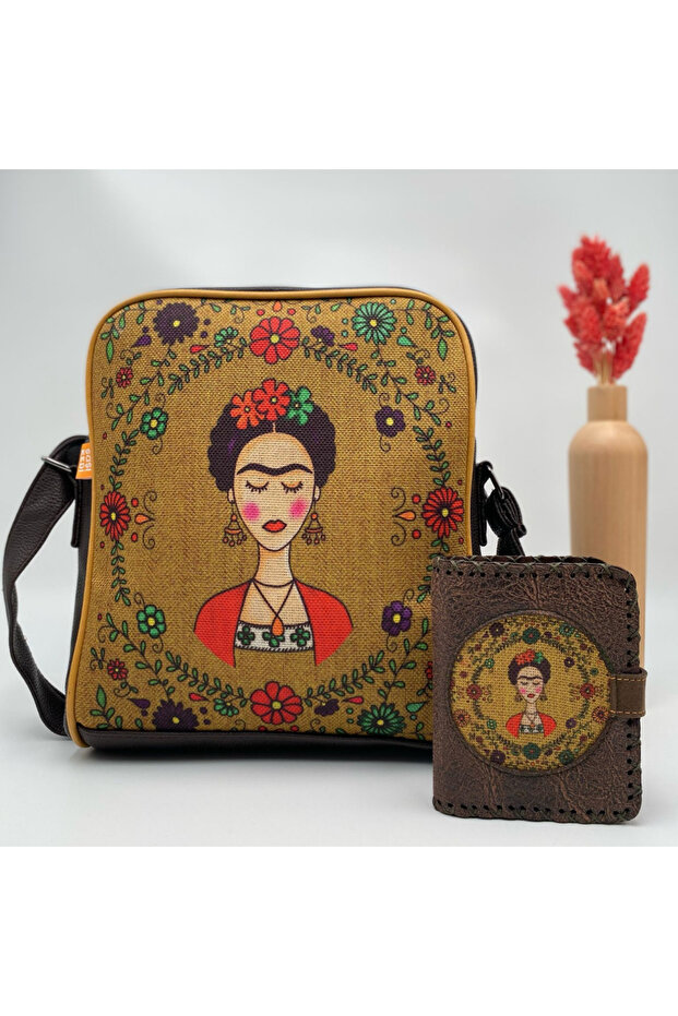 Frida Figured Large Postman Shoulder Bag Ethnic Bohemian Style Bag Brown Wallet Brown Combination