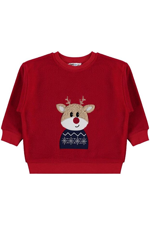 Civil Boy's Deer Embroidered Sweatshirt | Polar Long Sleeve | School Nursery and Daily Use - Red
