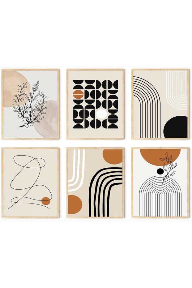 ALAYRA Abstract Boho Wall Art Prints Set of 6, Minimalist Geometric Boho Wall Art Orange Beige Palm Leaf Line Art Canvas Painting Pictures, MidCentury Modern Prints Gallery Wall20X25 CM