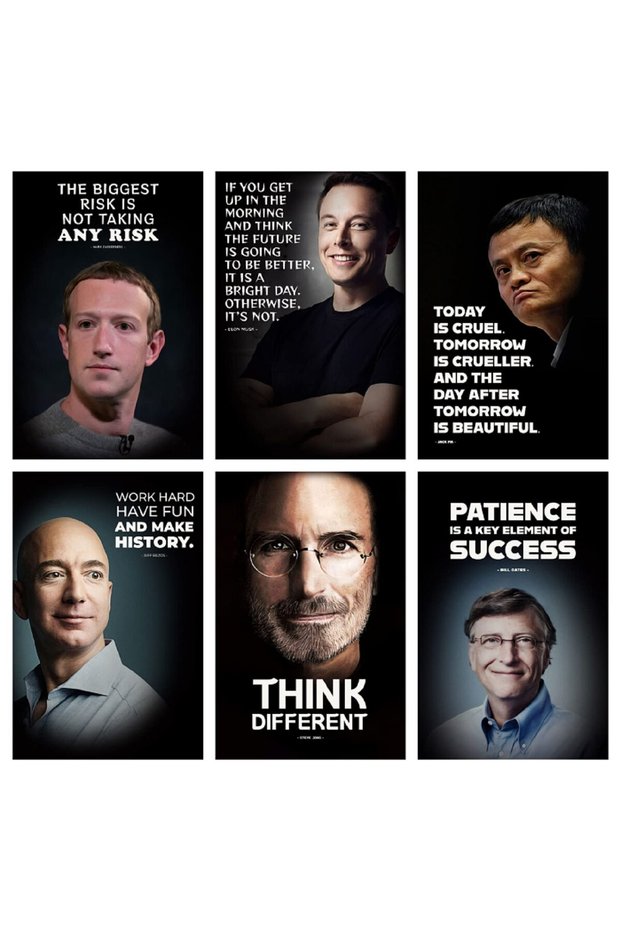 ALAYRA - Set of 6 Motivational Wall Posters and Inspirational Quotes of Steve Jobs, Bill Gates, Elon Musk, Jack Ma, Mark Zuckerberg, Jeff Bezos Paper Print for Office, Home30X45 CM