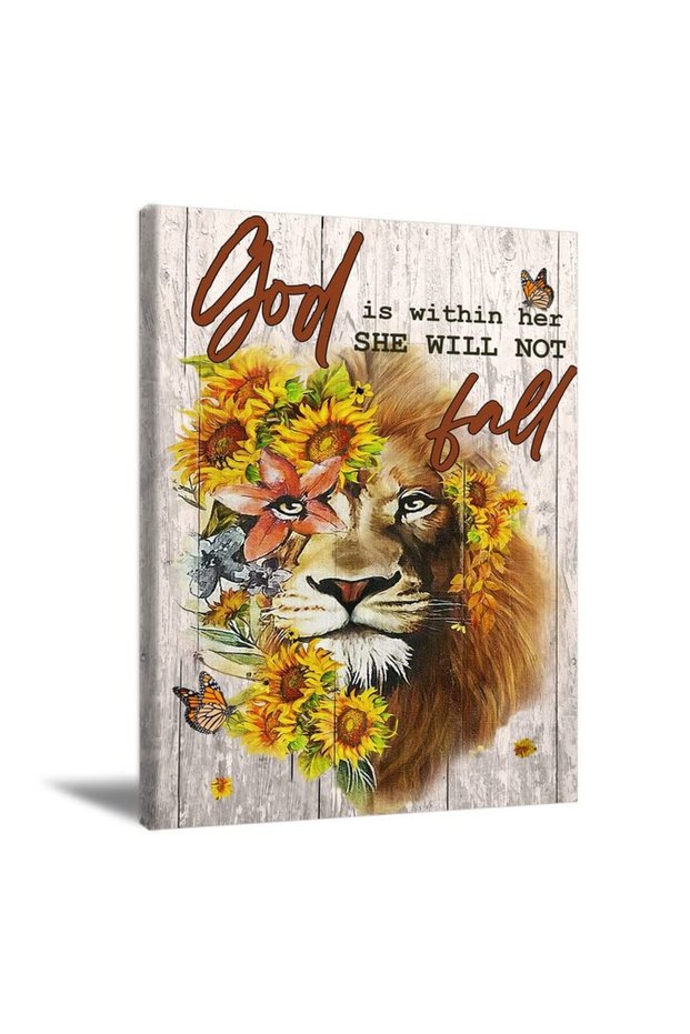 ALAYRA Lion Sunflower Wall Farmhouse Lion Poster Inspirational Lion Painting Rustic Animal Picture God Is Within Her She Will Not Fall Print For Living Room Bedroom Wall Decor No40X60 CM