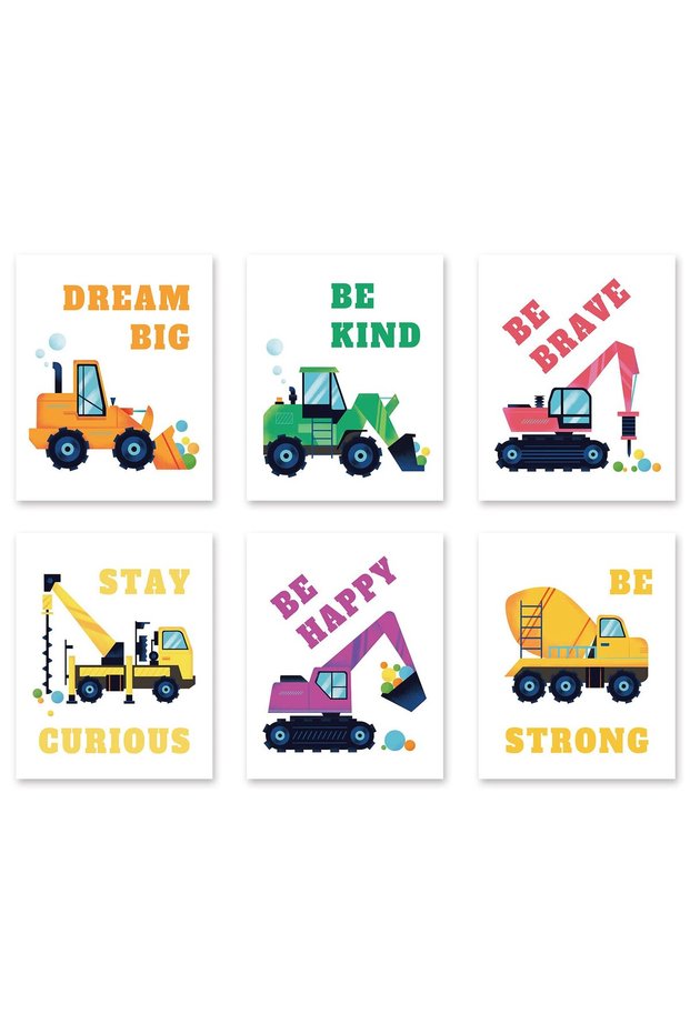 ALAYRA Construction Truck Boys Room Decor, Toddler & Teen Boys Wall Art Posters, Kids Room Wall Art Prints - Motivational Wall Decor for Bedroom (Set of 6, , Unframed)25X20 CM