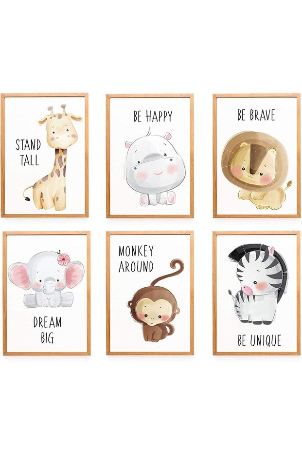 ALAYRA 6 Pack Baby Jungle Nursery Wall Decor Art Pictures, Unframed Cartoon Safari Animal Wall Murals/Poster with Inspirational Quotes for Baby & Kids Living Room Bedroom Bathroom21X29.7 CM
