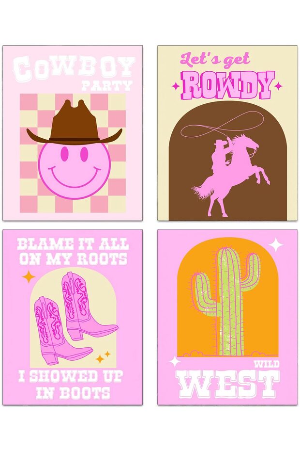 ALAYRA Pink Western Cowgirl Theme Wall Art, Vintage Cowgirl Canvas Poster, Cowgirl Boots Glamour Cowgirl Aesthetic Art Prints for Preppy Room Girls Bedroom College Dorm Room20X25 CM