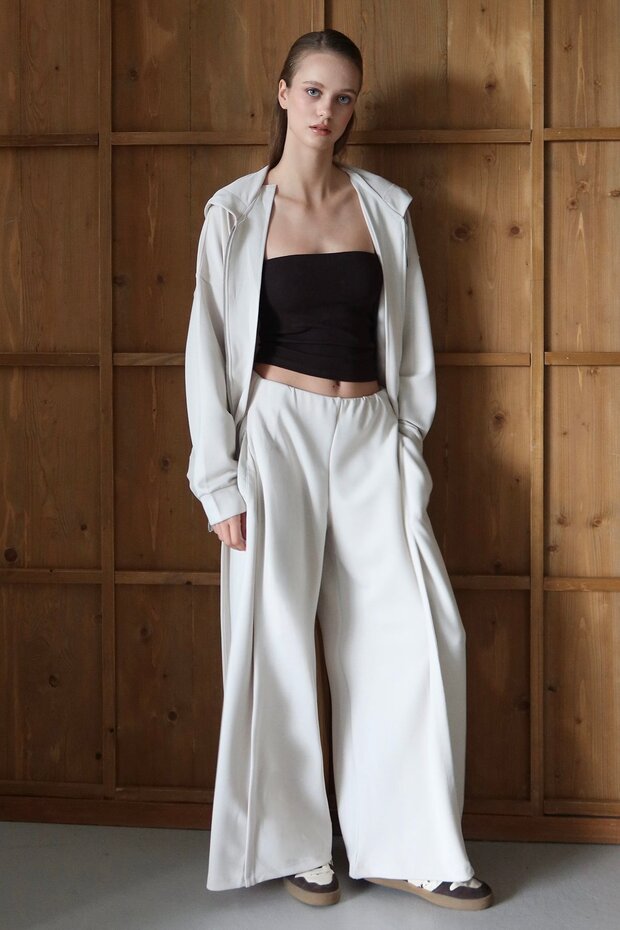 Women's White High Waist Double Pocket Palazzo Woven Trousers Vs01426